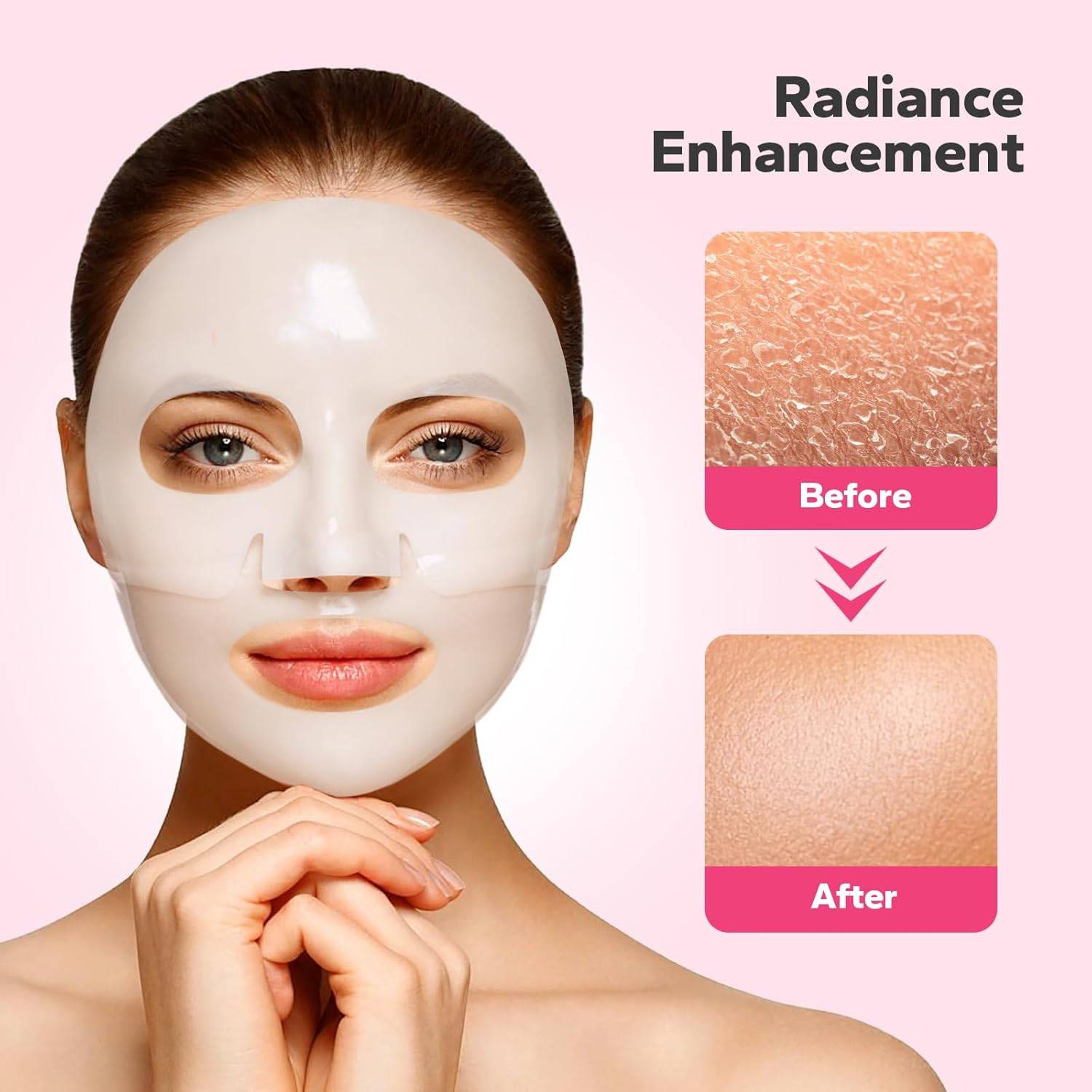 Woman applying Bio Collagen Face Mask for overnight hydration and rejuvenation. Promotes glowing skin with deep moisture and brightening effects.