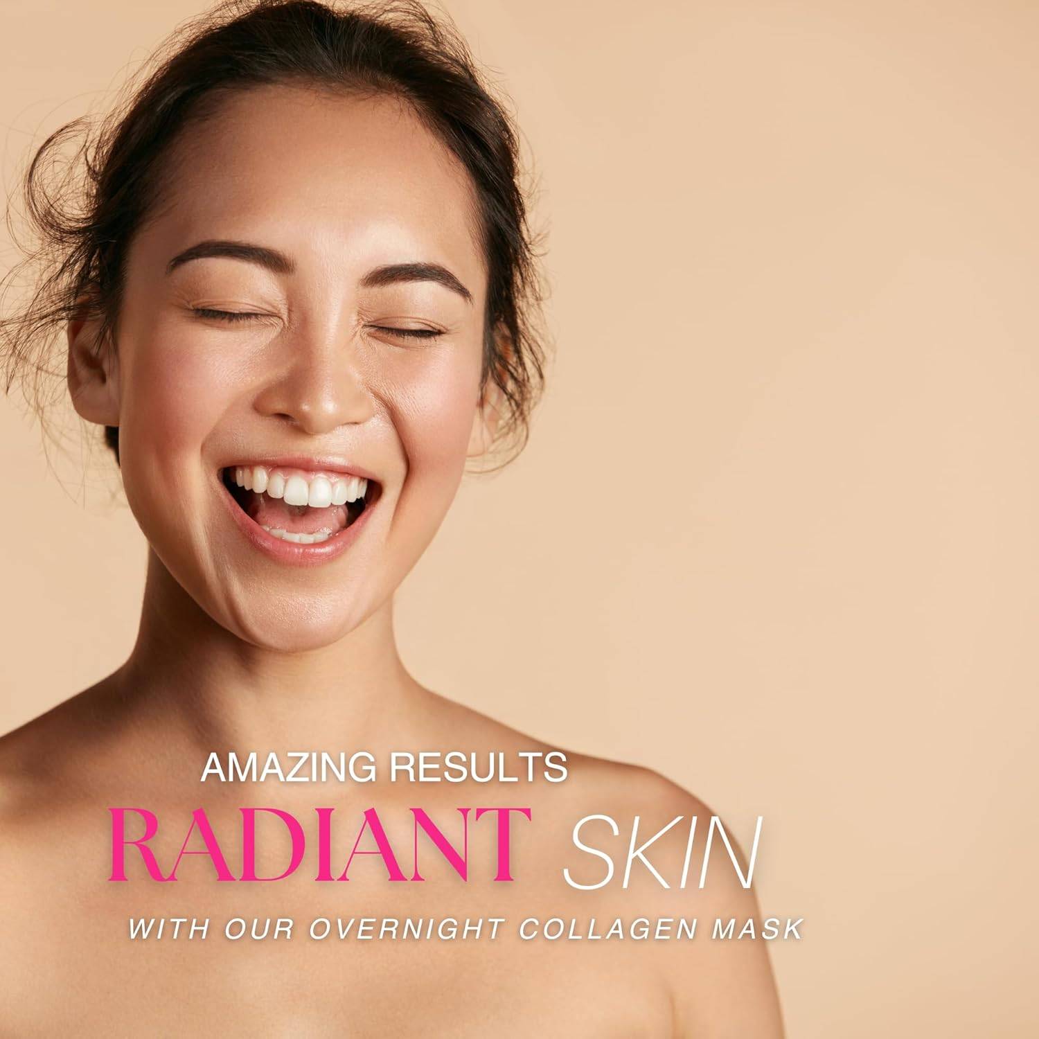 Woman applying Bio Collagen Face Mask for overnight hydration and rejuvenation. Promotes glowing skin with deep moisture and brightening effects.