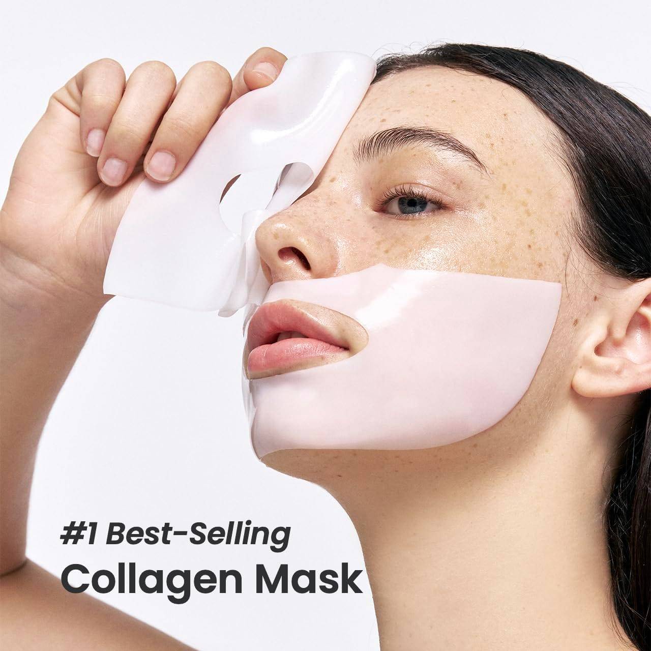 Woman applying Bio Collagen Face Mask for overnight hydration and rejuvenation. Promotes glowing skin with deep moisture and brightening effects.