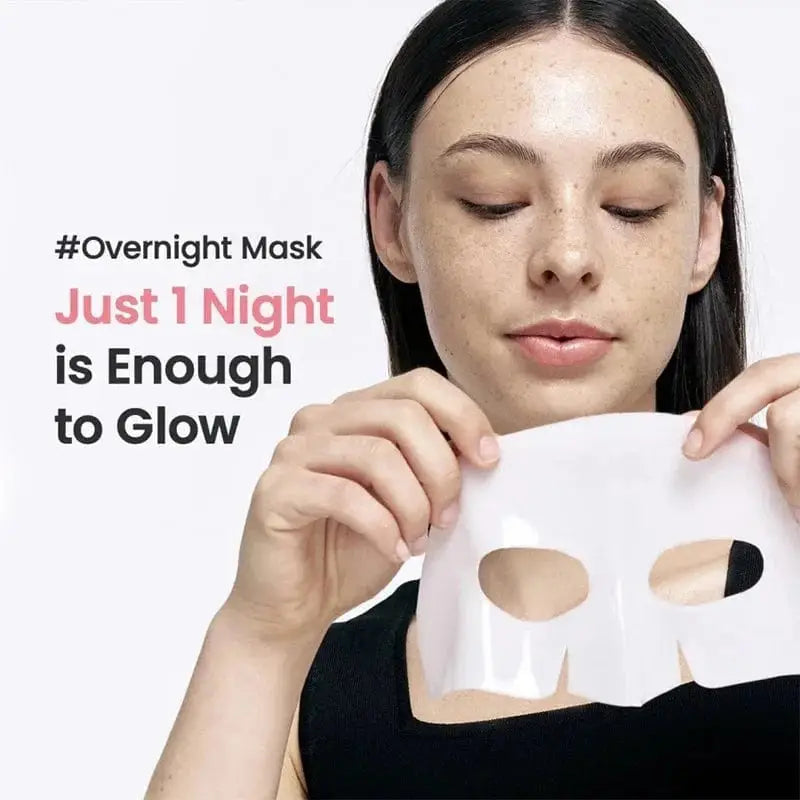 Woman applying Bio Collagen Face Mask for overnight hydration and rejuvenation. Promotes glowing skin with deep moisture and brightening effects.