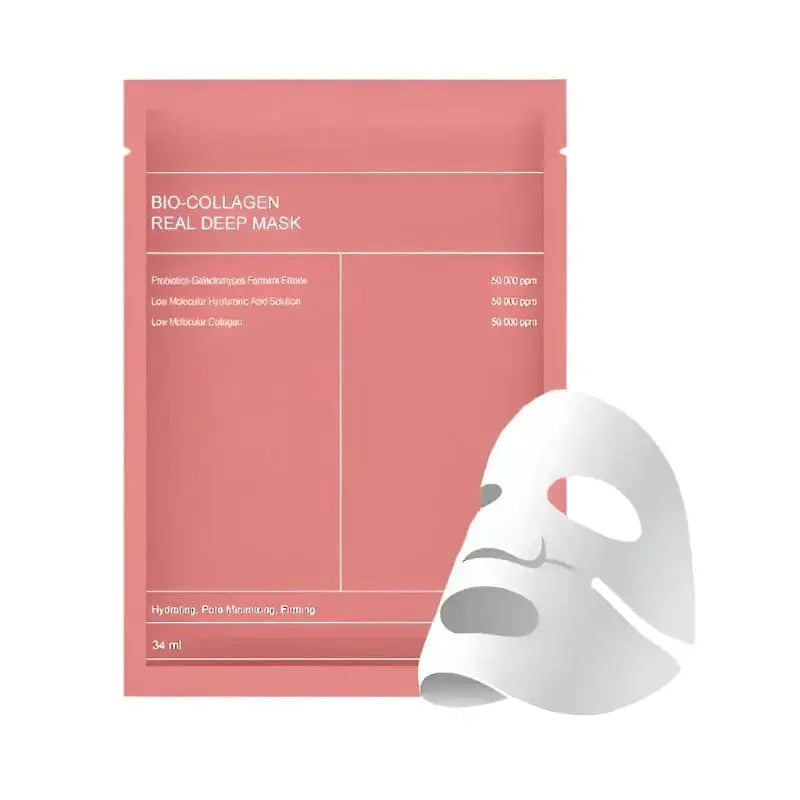Woman applying Bio Collagen Face Mask for overnight hydration and rejuvenation. Promotes glowing skin with deep moisture and brightening effects.