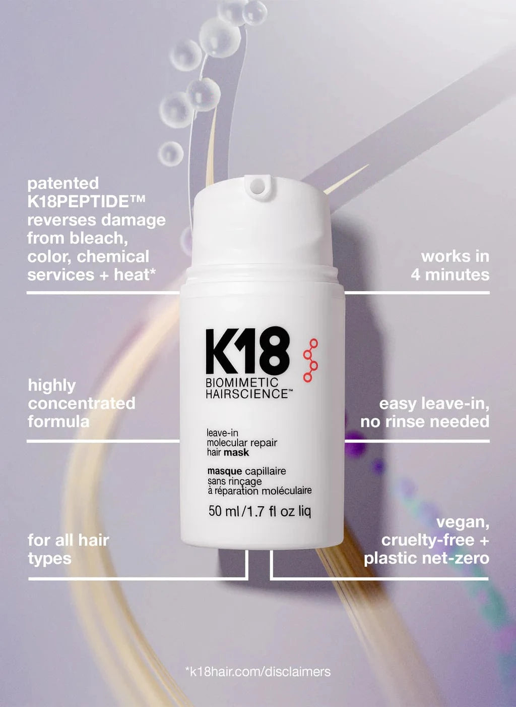 K18 Hair Mask Repair & Restore | Molecular Keratin Care in 50ml bottle with box. Leave-in treatment for damaged, bleached, or chemically treated hair.