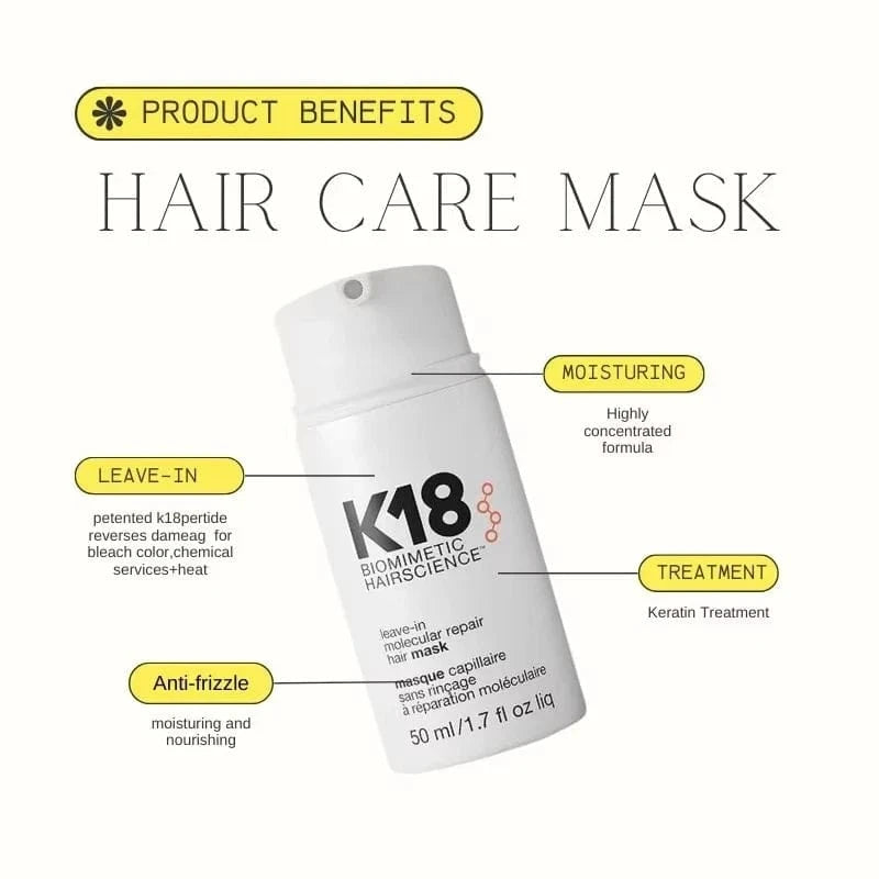 K18 Hair Mask Repair & Restore | Molecular Keratin Care in 50ml bottle with box. Leave-in treatment for damaged, bleached, or chemically treated hair.