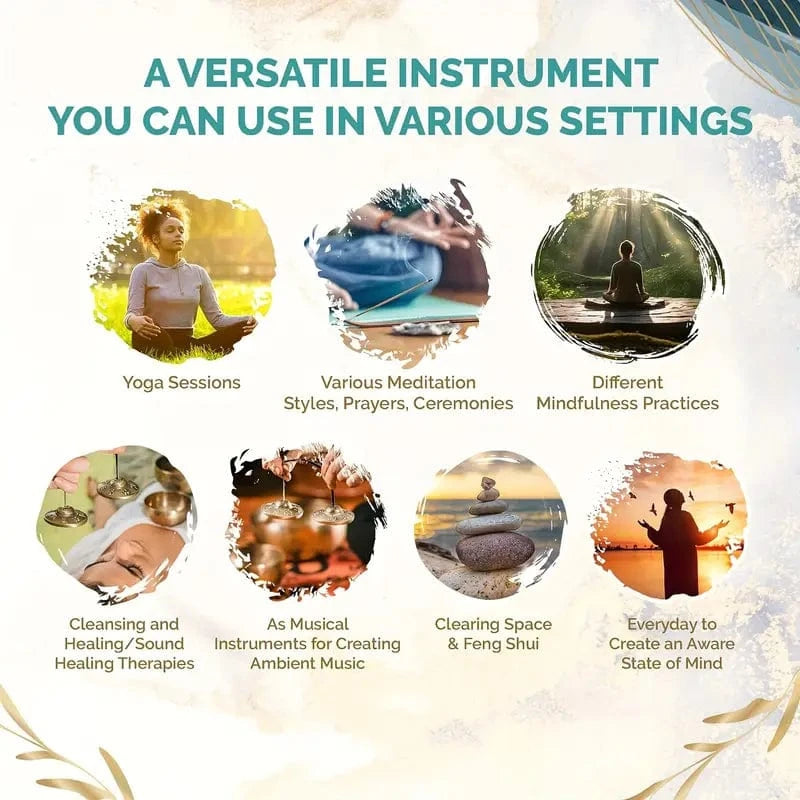 Handmade antique singing bowl with wooden mallet on red cushion, set in a forest stream for meditation and spiritual clarity.