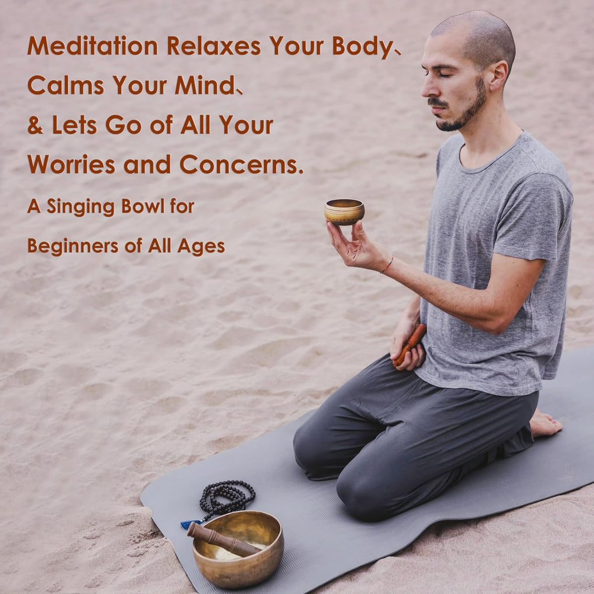 Handmade antique singing bowl with wooden mallet on red cushion, set in a forest stream for meditation and spiritual clarity.