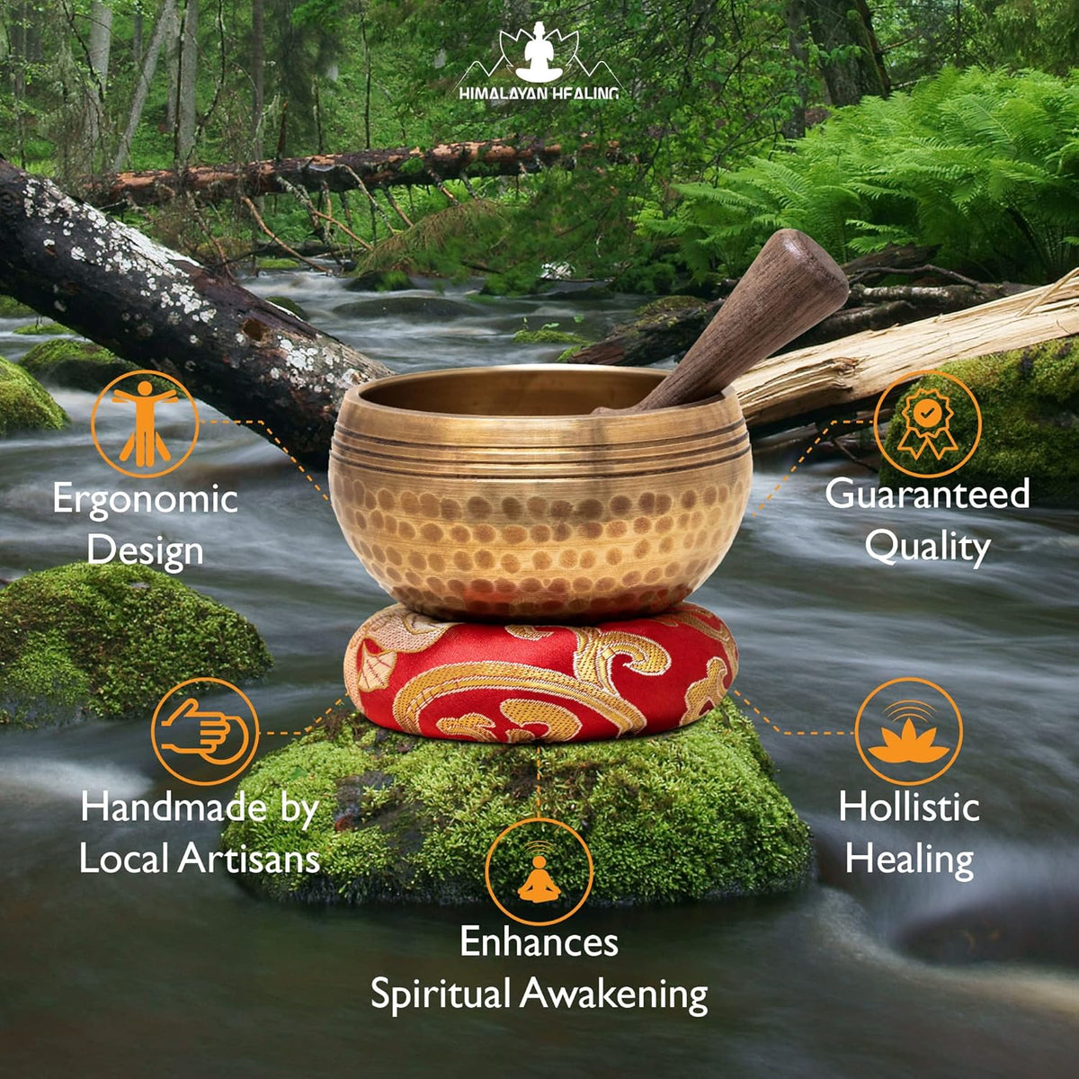 Handmade antique singing bowl with wooden mallet on red cushion, set in a forest stream for meditation and spiritual clarity.