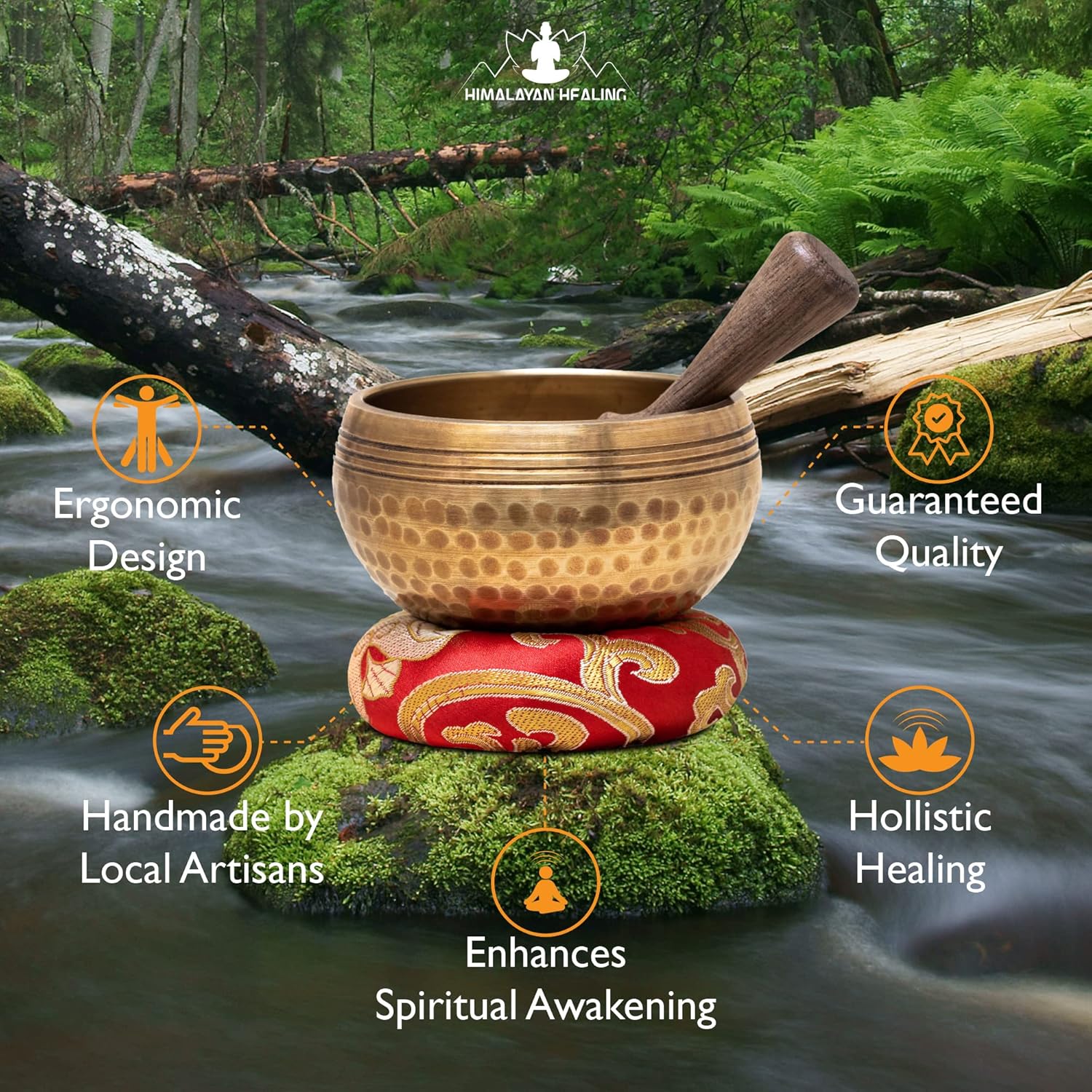 Handmade antique singing bowl with wooden mallet on red cushion, set in a forest stream for meditation and spiritual clarity.