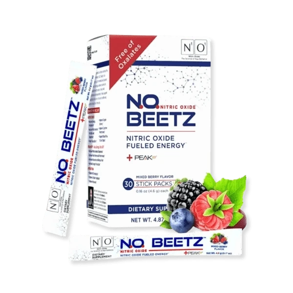 N.O. Beetz nitric oxide supplement box with 30 mixed berry flavor stick packs, featuring beetroot, berries, and natural energy support.