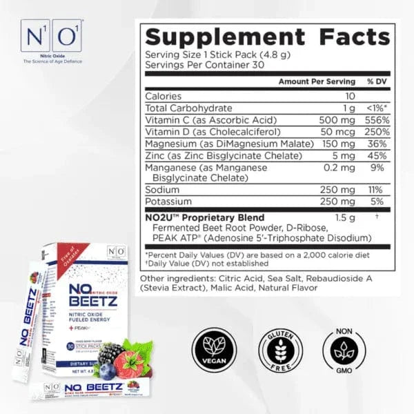 N.O. Beetz nitric oxide supplement box with 30 mixed berry flavor stick packs, featuring beetroot, berries, and natural energy support.