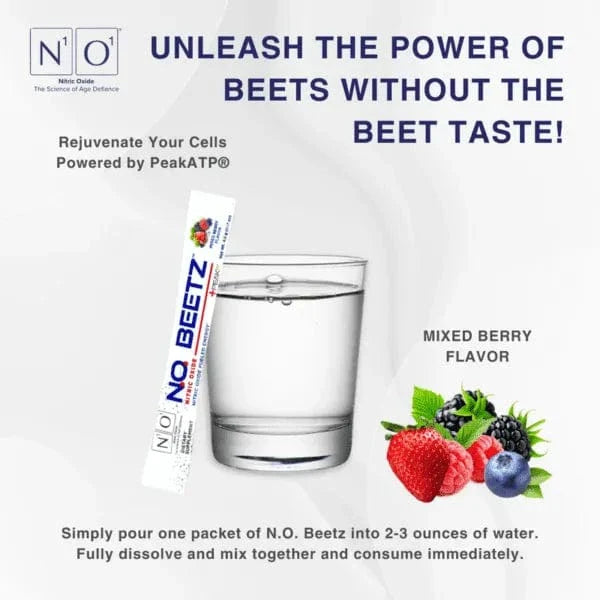 N.O. Beetz nitric oxide supplement box with 30 mixed berry flavor stick packs, featuring beetroot, berries, and natural energy support.