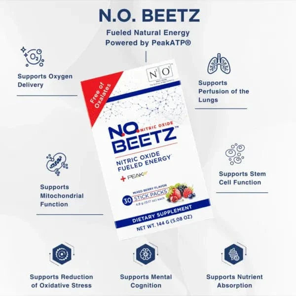 N.O. Beetz nitric oxide supplement box with 30 mixed berry flavor stick packs, featuring beetroot, berries, and natural energy support.