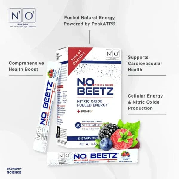 N.O. Beetz nitric oxide supplement box with 30 mixed berry flavor stick packs, featuring beetroot, berries, and natural energy support.