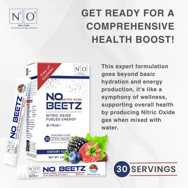 N.O. Beetz nitric oxide supplement box with 30 mixed berry flavor stick packs, featuring beetroot, berries, and natural energy support.