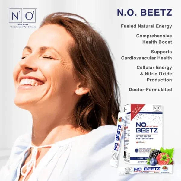 N.O. Beetz nitric oxide supplement box with 30 mixed berry flavor stick packs, featuring beetroot, berries, and natural energy support.