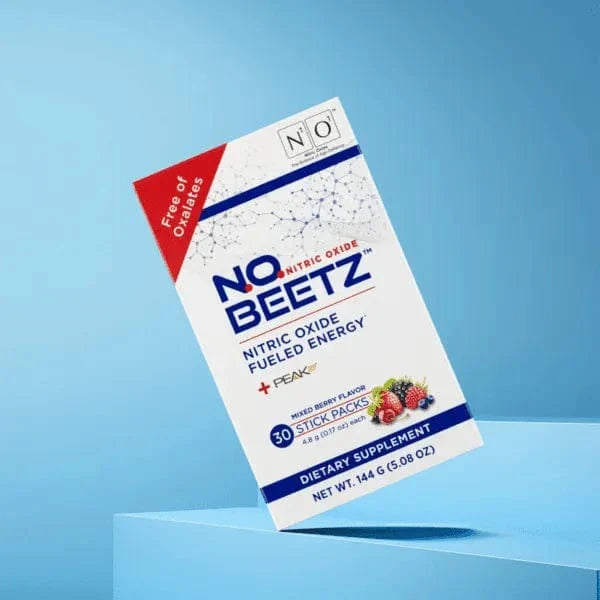 N.O. Beetz nitric oxide supplement box with 30 mixed berry flavor stick packs, featuring beetroot, berries, and natural energy support.