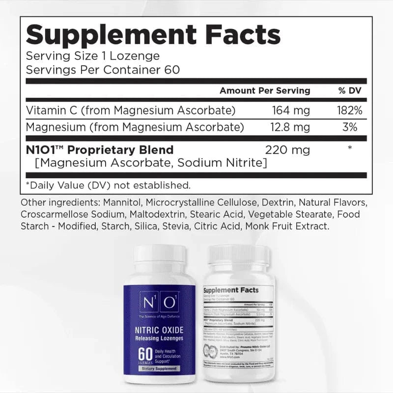 N1o1 Nitric Oxide Lozenges bottle with 60 lozenges for circulation and heart health support. Science-backed nitric oxide booster supplement.