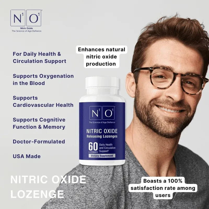 N1o1 Nitric Oxide Lozenges bottle with 60 lozenges for circulation and heart health support. Science-backed nitric oxide booster supplement.