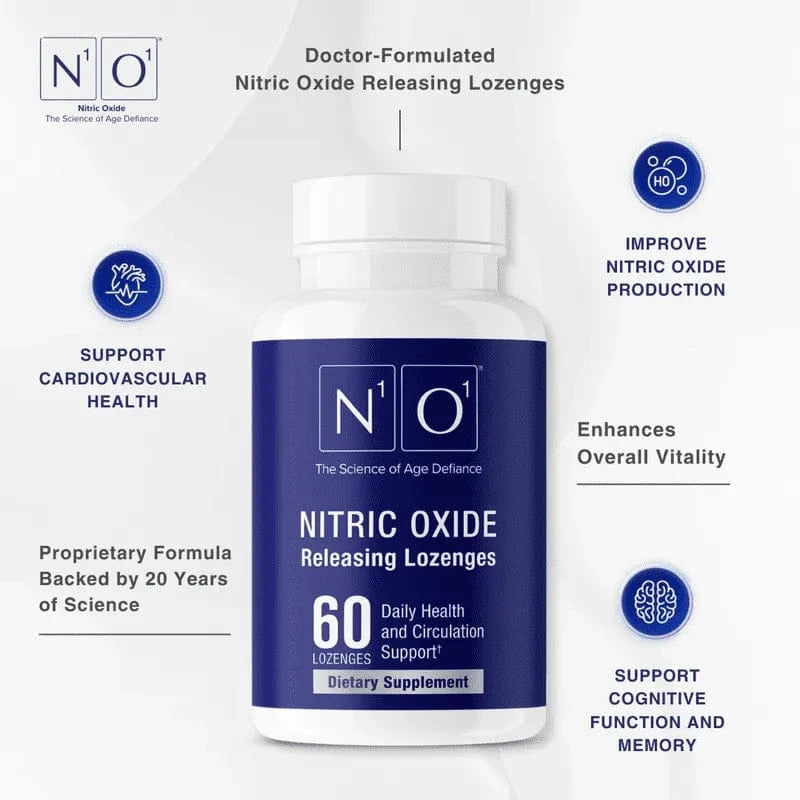 N1o1 Nitric Oxide Lozenges bottle with 60 lozenges for circulation and heart health support. Science-backed nitric oxide booster supplement.