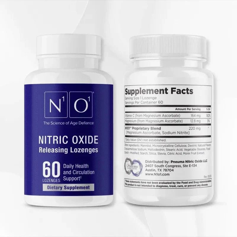 N1o1 Nitric Oxide Lozenges bottle with 60 lozenges for circulation and heart health support. Science-backed nitric oxide booster supplement.