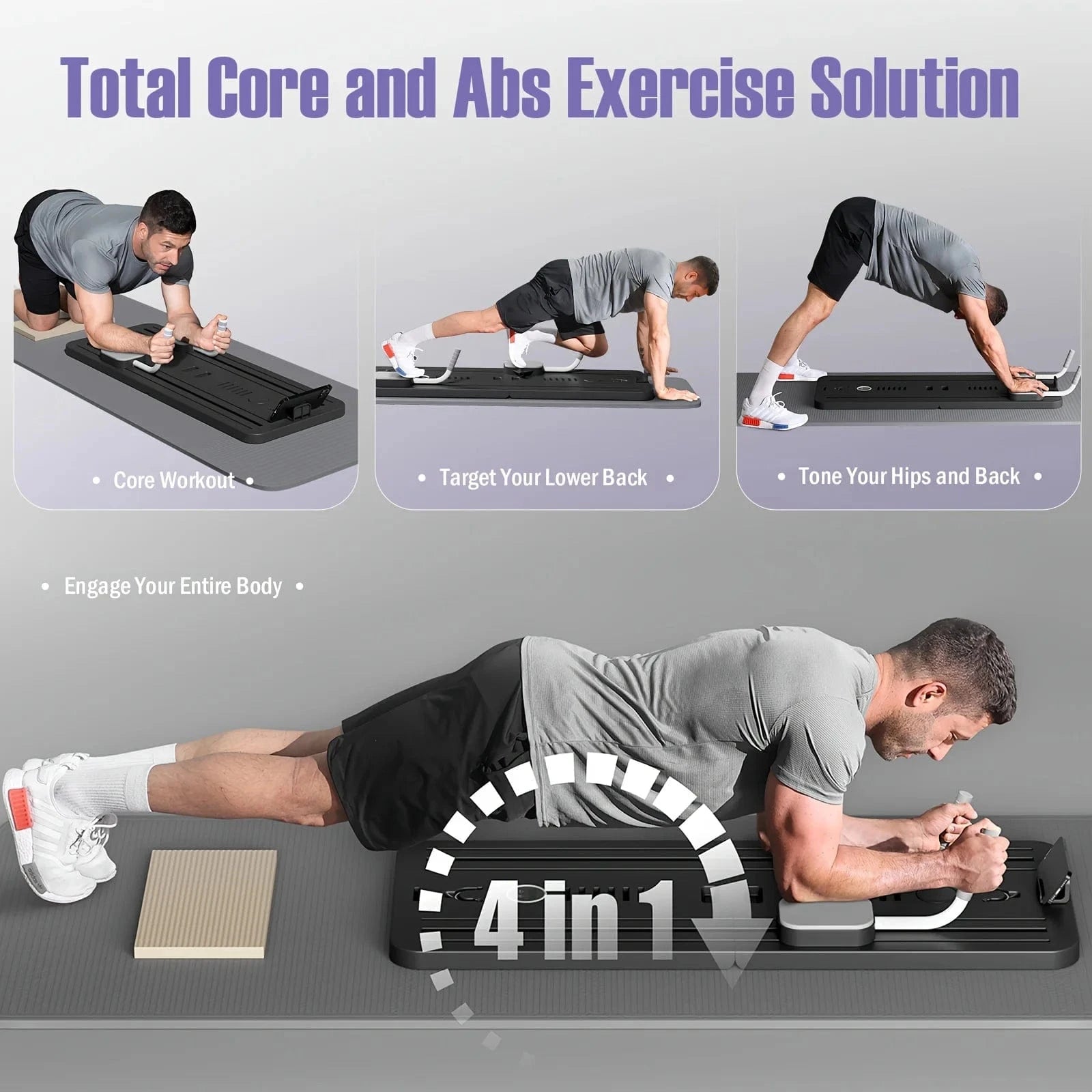 Foldable Pilates Reformer - Tone Core & Flex at Home shown in use for full-body workouts, targeting core, hips, and lower back with 4-in-1 functionality.