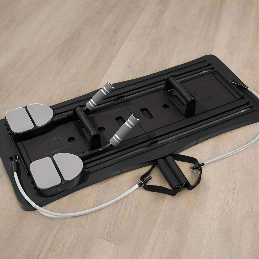 Foldable Pilates Reformer - Tone Core & Flex at Home shown in use for full-body workouts, targeting core, hips, and lower back with 4-in-1 functionality.