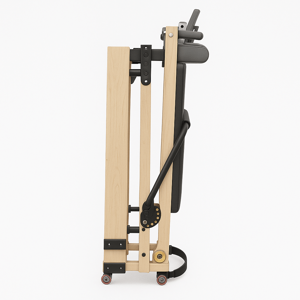 Home Folding Pilates Reformer – Compact & Portable with black padding and wooden frame, ideal for small spaces and home gyms.