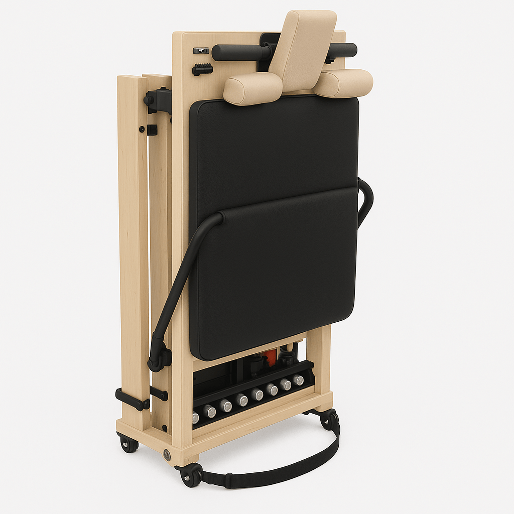 Home Folding Pilates Reformer – Compact & Portable with black padding and wooden frame, ideal for small spaces and home gyms.