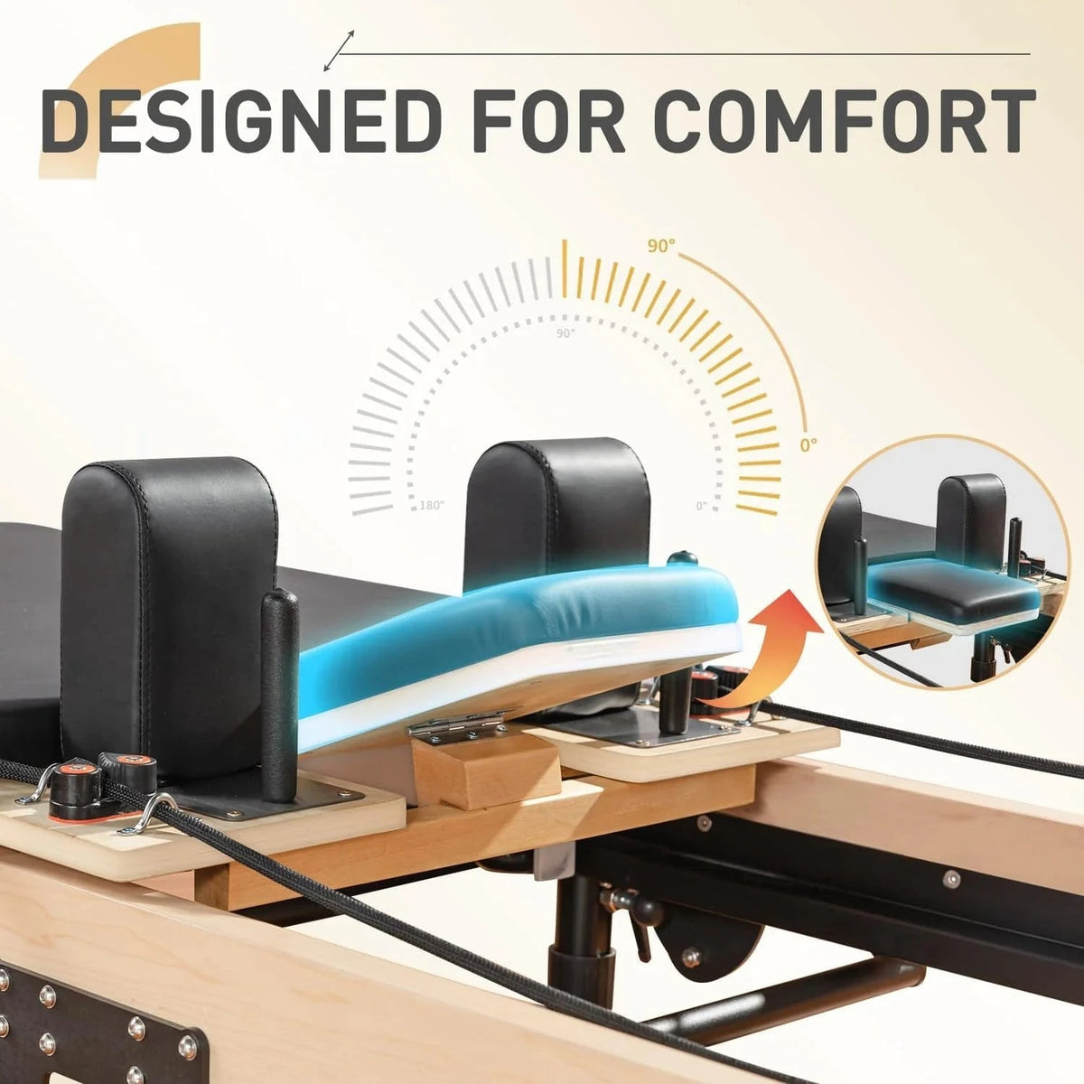 Home Folding Pilates Reformer – Compact & Portable with black padding and wooden frame, ideal for small spaces and home gyms.