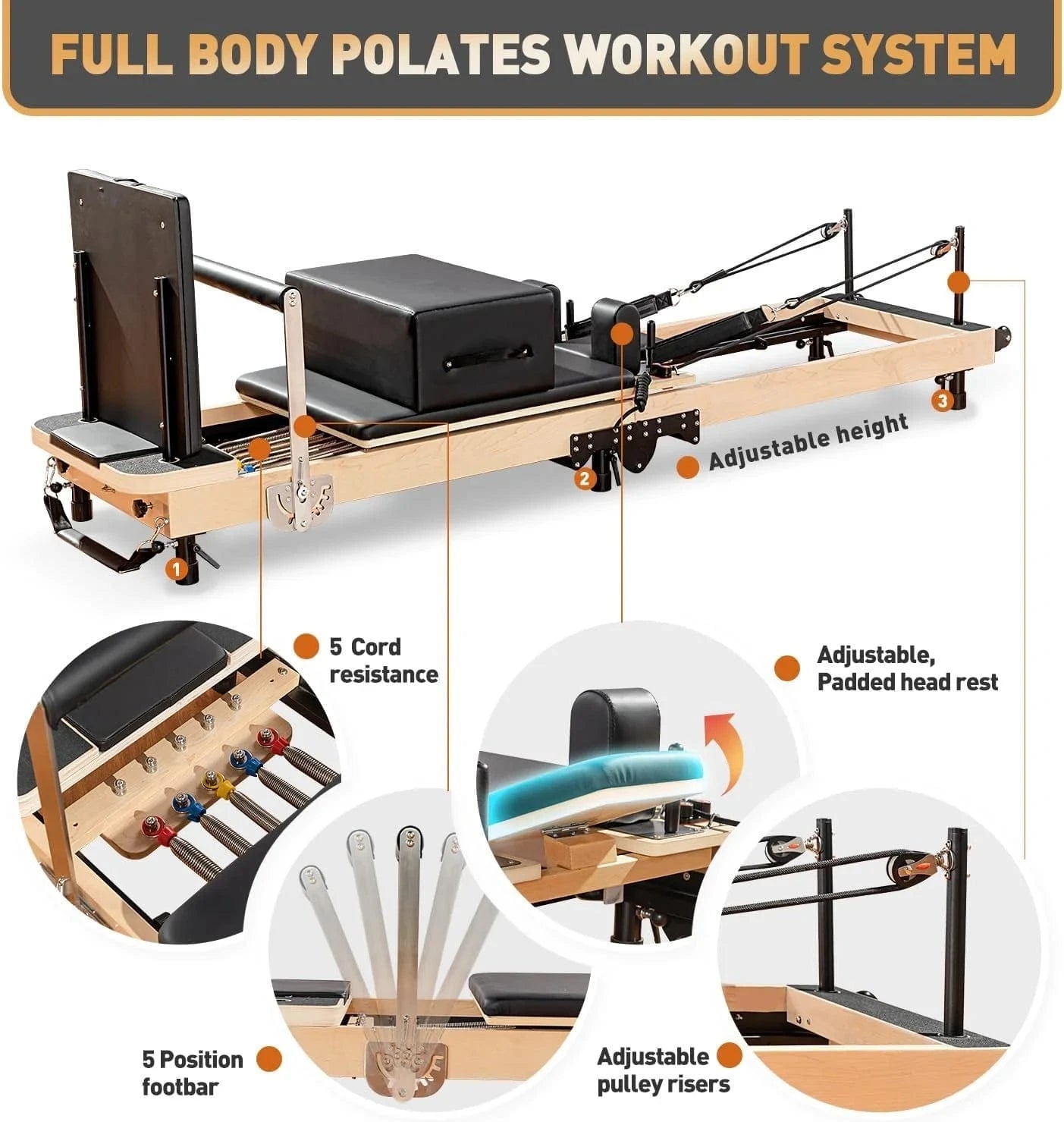 Home Folding Pilates Reformer – Compact & Portable with black padding and wooden frame, ideal for small spaces and home gyms.