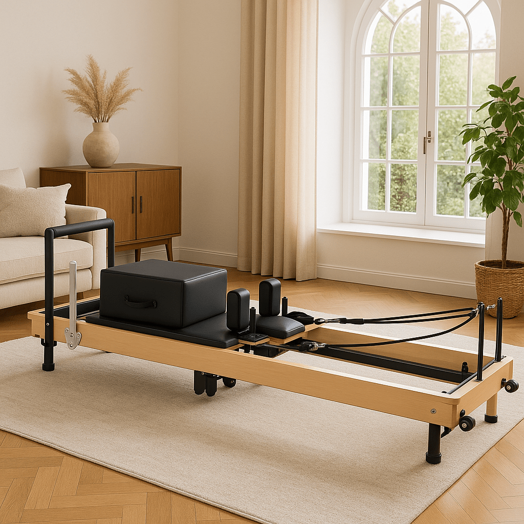 Home Folding Pilates Reformer – Compact &amp; Portable with black padding and wooden frame, ideal for small spaces and home gyms.