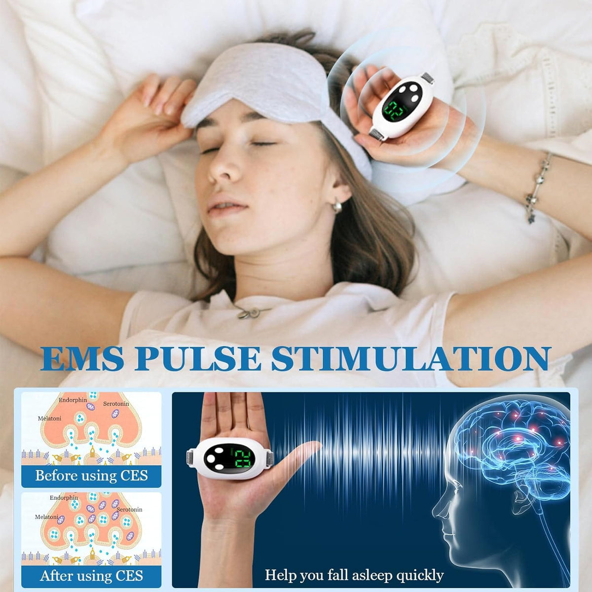 Woman sleeping peacefully while holding the 20-Level Pulse Sleep Aid – USB, Screen & Ion Therapy device, promoting natural sleep improvement. Compact white noise machine with screen display for stress relief and insomnia support.