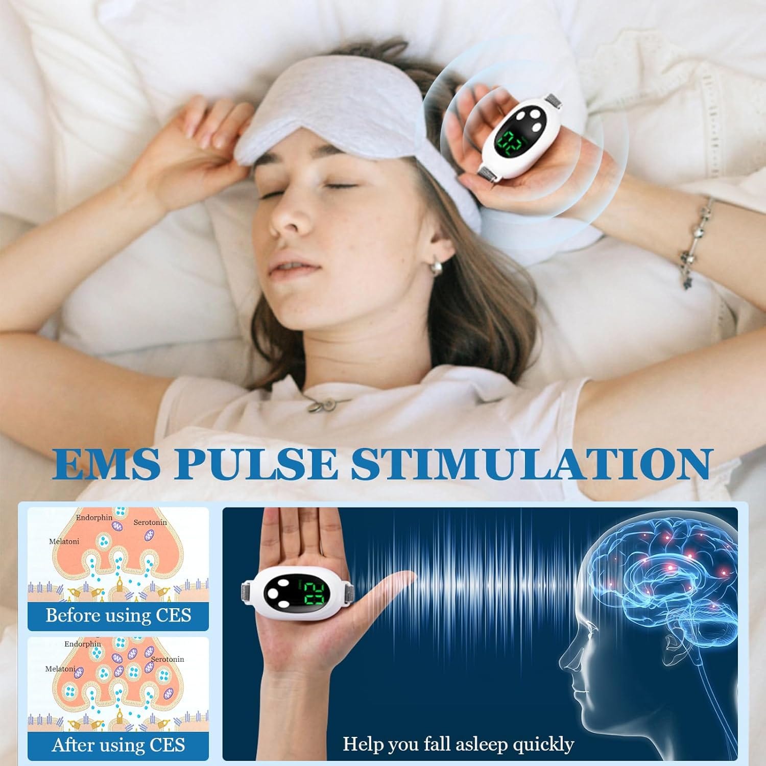 Woman sleeping peacefully while holding the 20-Level Pulse Sleep Aid – USB, Screen & Ion Therapy device, promoting natural sleep improvement. Compact white noise machine with screen display for stress relief and insomnia support.