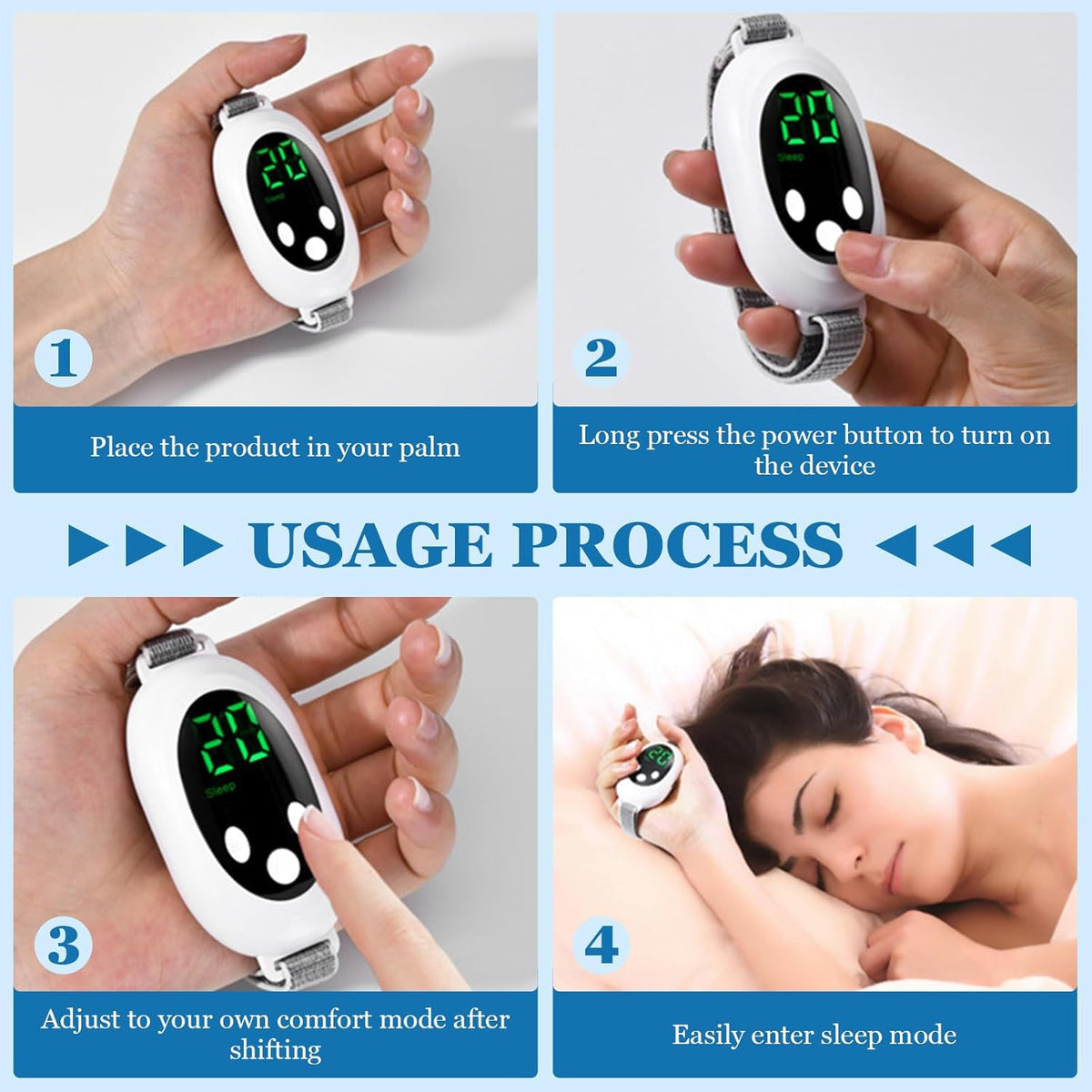 Woman sleeping peacefully while holding the 20-Level Pulse Sleep Aid – USB, Screen & Ion Therapy device, promoting natural sleep improvement. Compact white noise machine with screen display for stress relief and insomnia support.