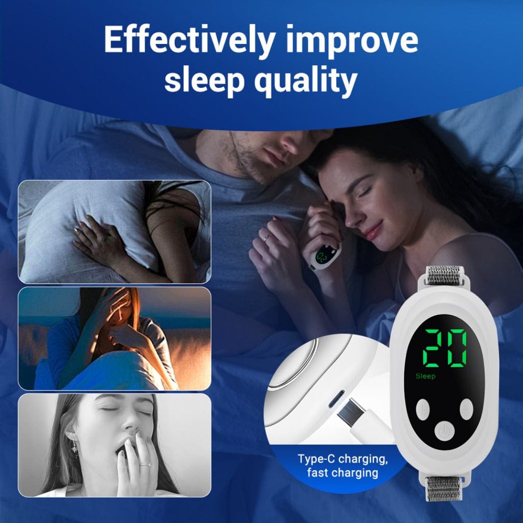 Woman sleeping peacefully while holding the 20-Level Pulse Sleep Aid – USB, Screen & Ion Therapy device, promoting natural sleep improvement. Compact white noise machine with screen display for stress relief and insomnia support.