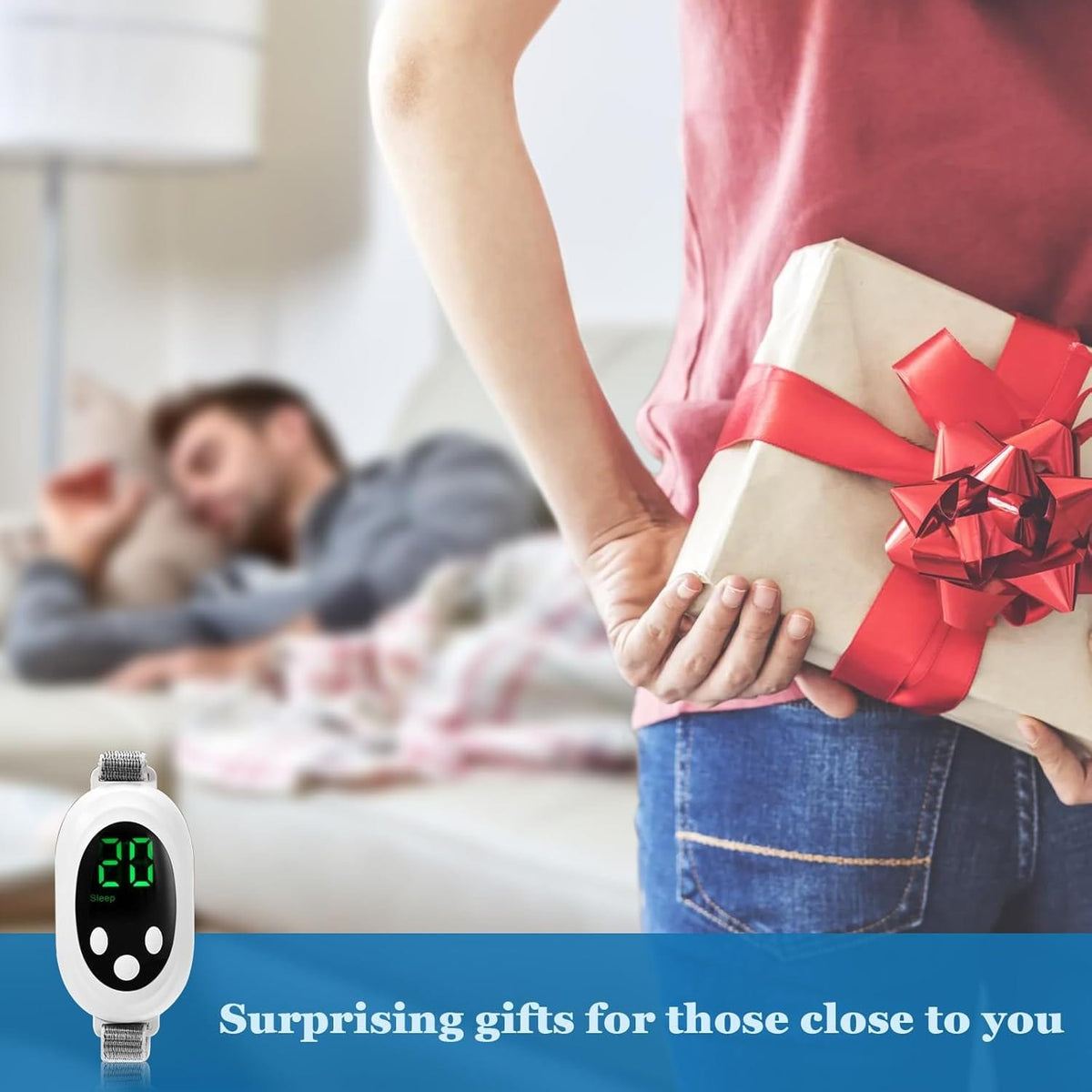 Woman sleeping peacefully while holding the 20-Level Pulse Sleep Aid – USB, Screen & Ion Therapy device, promoting natural sleep improvement. Compact white noise machine with screen display for stress relief and insomnia support.