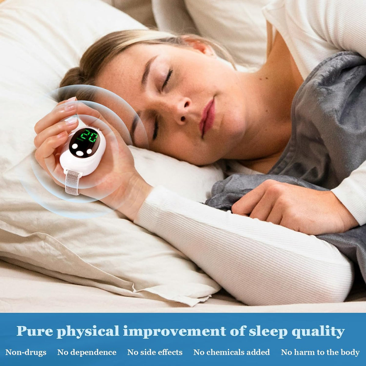 Woman sleeping peacefully while holding the 20-Level Pulse Sleep Aid – USB, Screen &amp; Ion Therapy device, promoting natural sleep improvement. Compact white noise machine with screen display for stress relief and insomnia support.