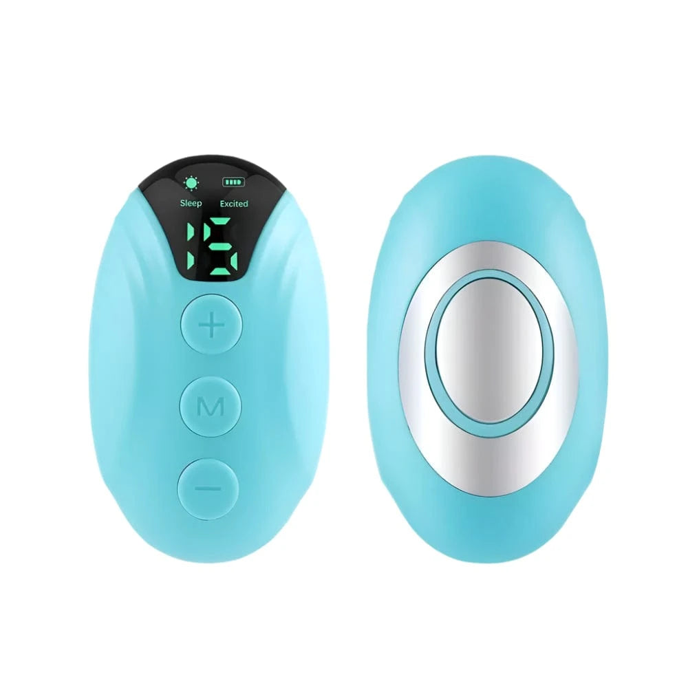 Sleep Aid Device – Rechargeable, Smart & Comfortable shown in use by a woman in bed, promoting deep rest and stress relief with ergonomic design.