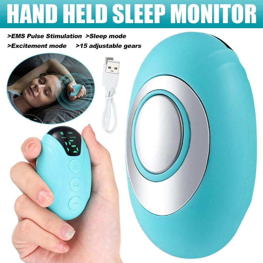Sleep Aid Device – Rechargeable, Smart & Comfortable shown in use by a woman in bed, promoting deep rest and stress relief with ergonomic design.