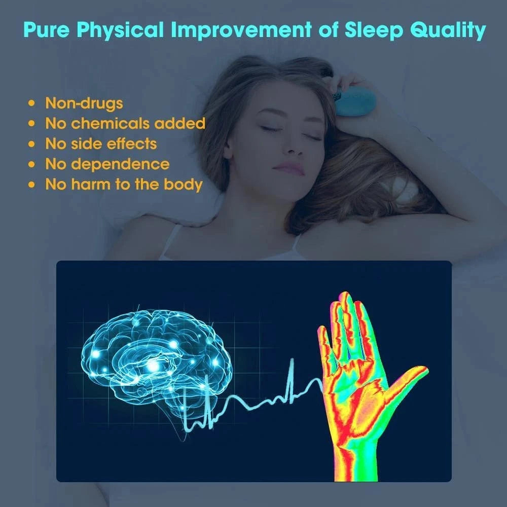 Sleep Aid Device – Rechargeable, Smart & Comfortable shown in use by a woman in bed, promoting deep rest and stress relief with ergonomic design.