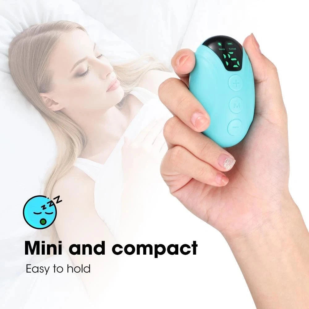 Sleep Aid Device – Rechargeable, Smart & Comfortable shown in use by a woman in bed, promoting deep rest and stress relief with ergonomic design.