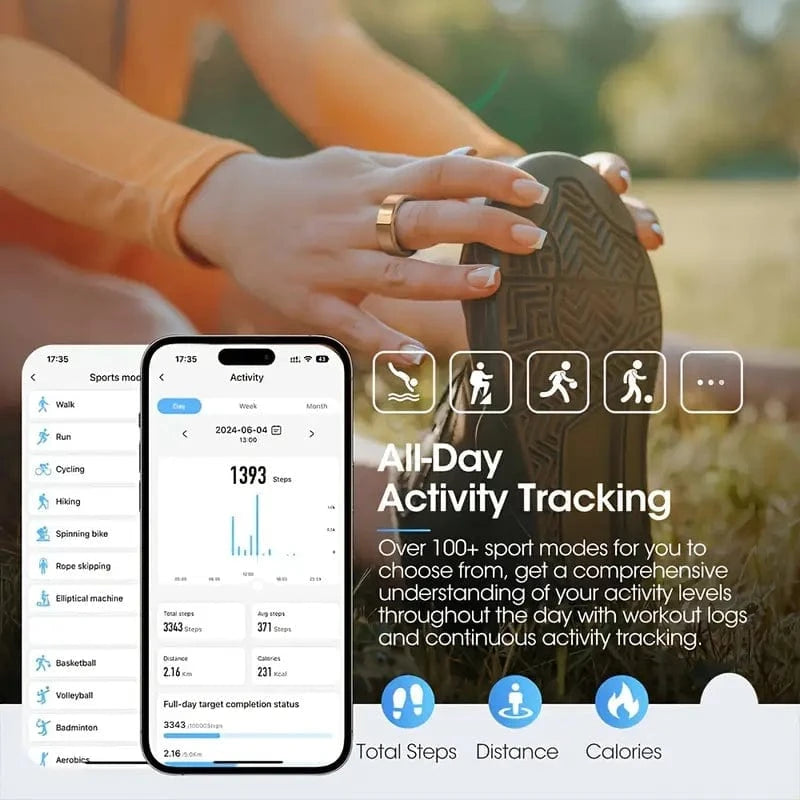 Smart Ring Health Hub with IP68 waterproof rating, skin-friendly material, and lightweight design for fitness and wellness tracking via app sync.