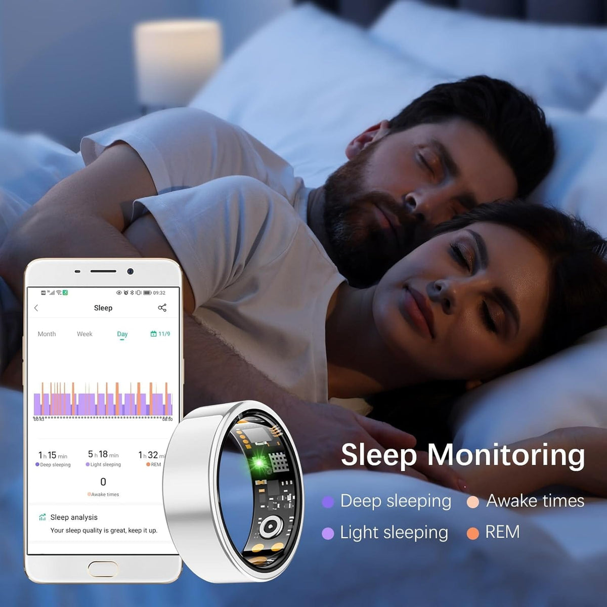 Smart Ring Health Hub with IP68 waterproof rating, skin-friendly material, and lightweight design for fitness and wellness tracking via app sync.