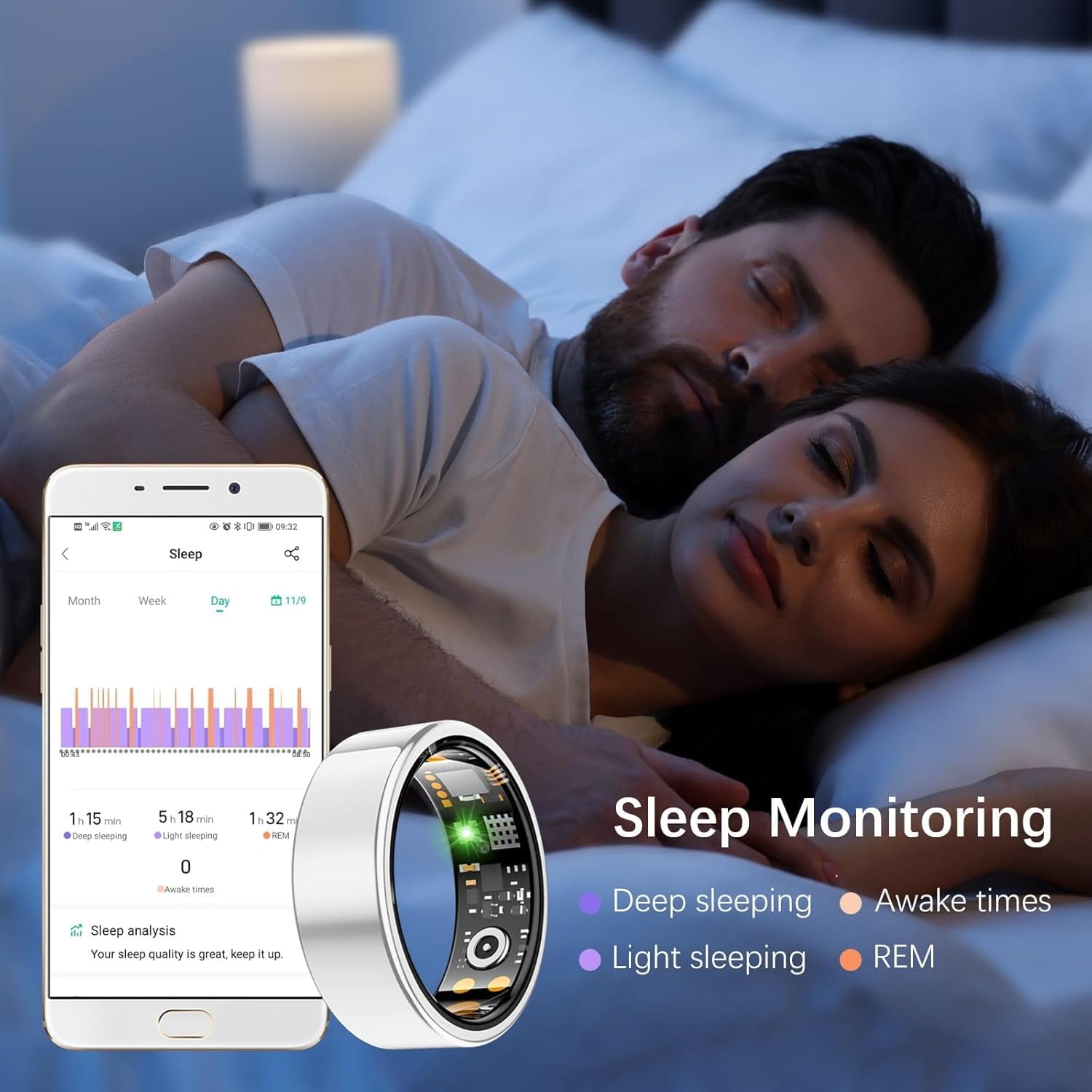 Smart Ring Health Hub with IP68 waterproof rating, skin-friendly material, and lightweight design for fitness and wellness tracking via app sync.