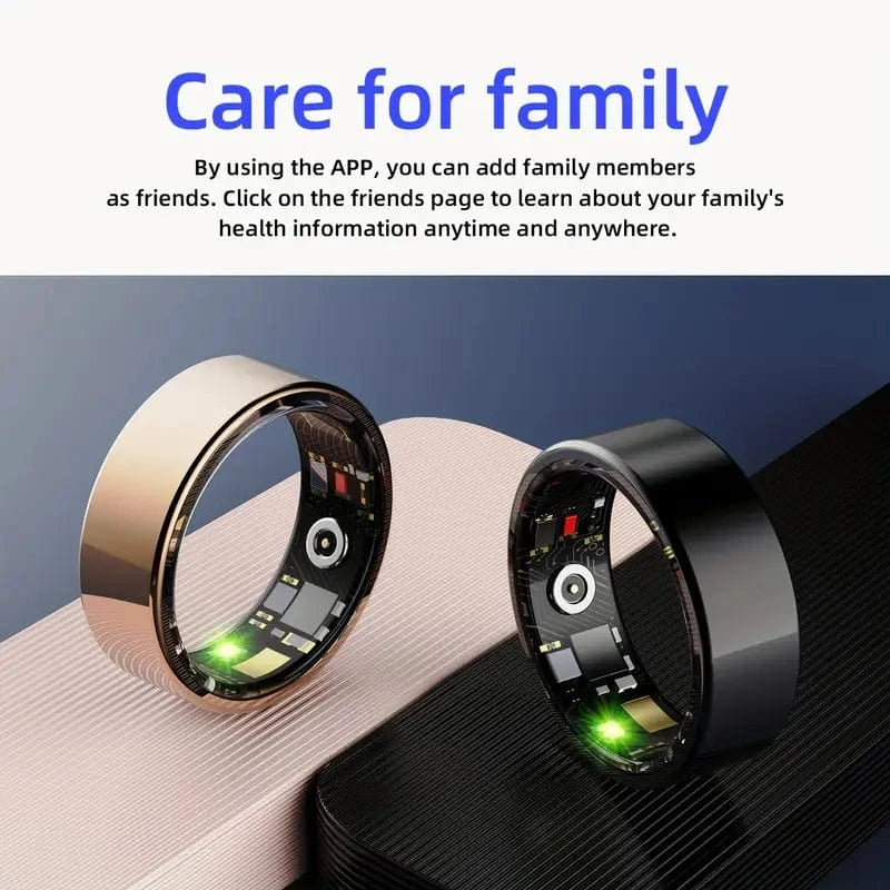 Smart Ring Health Hub with IP68 waterproof rating, skin-friendly material, and lightweight design for fitness and wellness tracking via app sync.