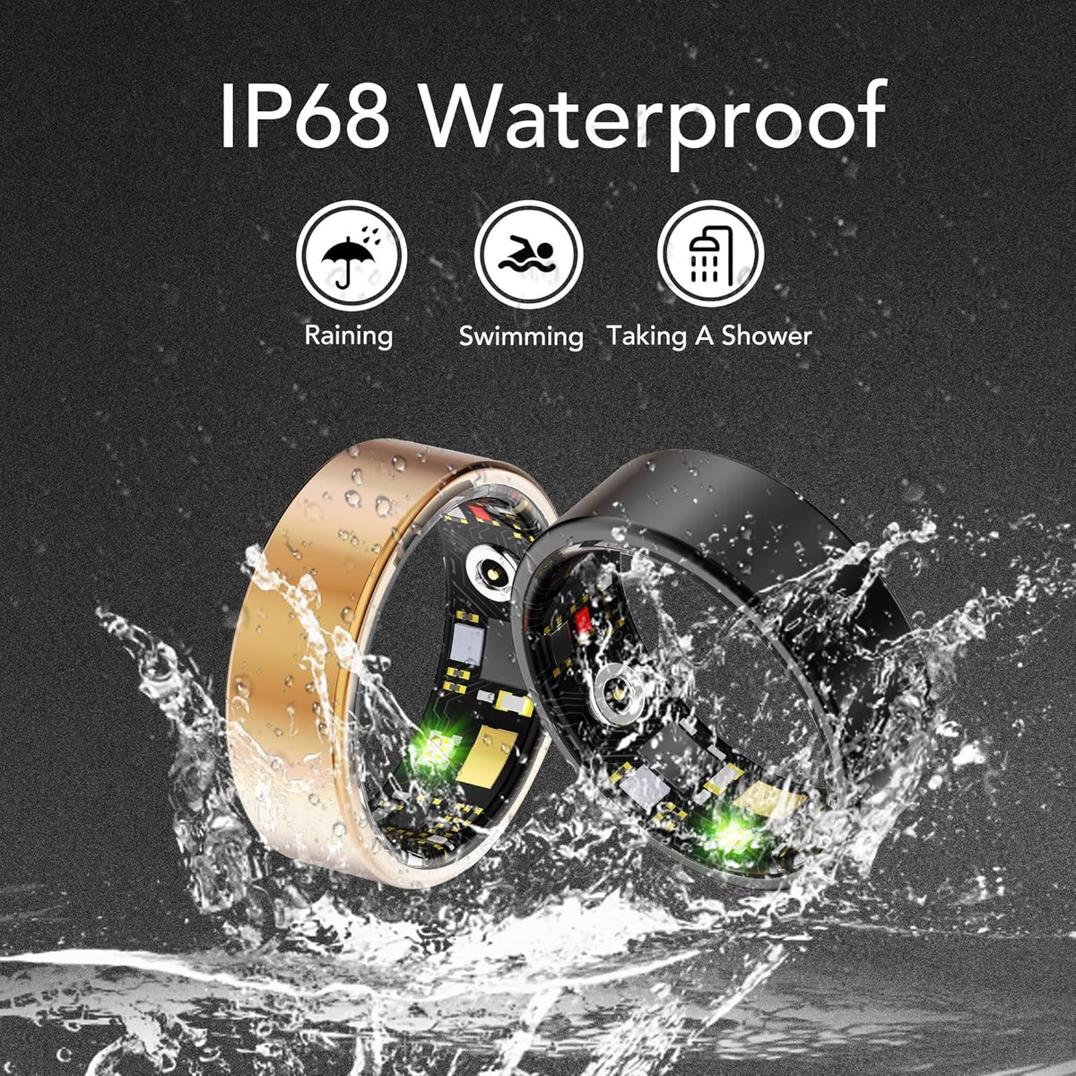 Smart Ring Health Hub with IP68 waterproof rating, skin-friendly material, and lightweight design for fitness and wellness tracking via app sync.
