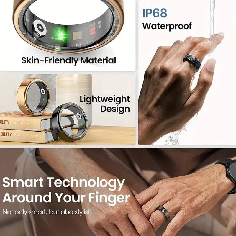 Smart Ring Health Hub with IP68 waterproof rating, skin-friendly material, and lightweight design for fitness and wellness tracking via app sync.