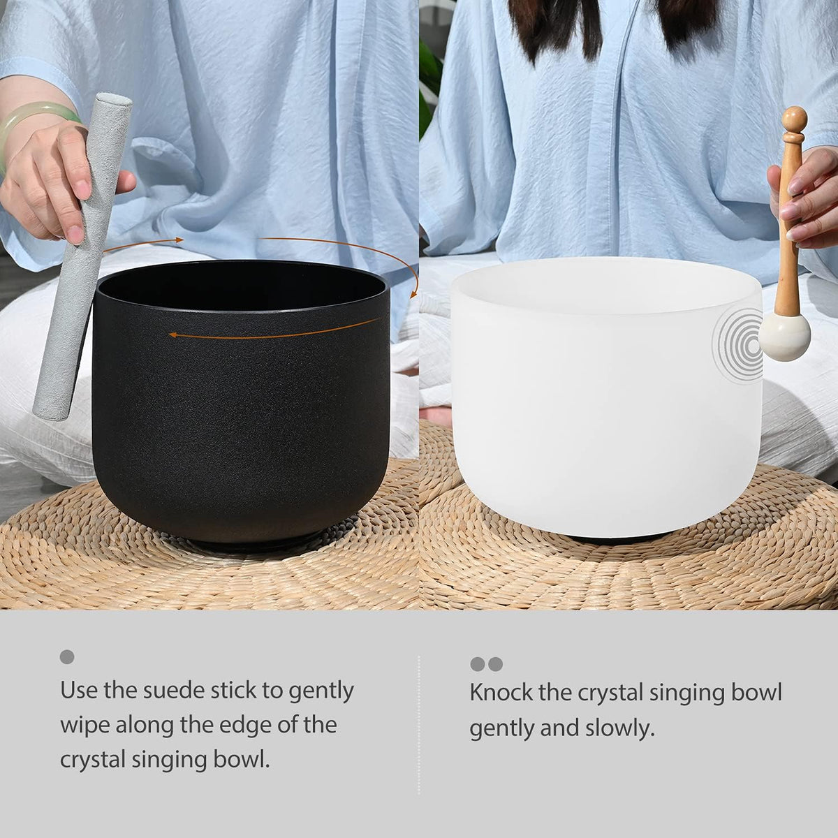 Crystal Singing Bowl Set used in meditation session for energy balance and sound therapy. Ideal for chakra alignment and mindfulness practice.