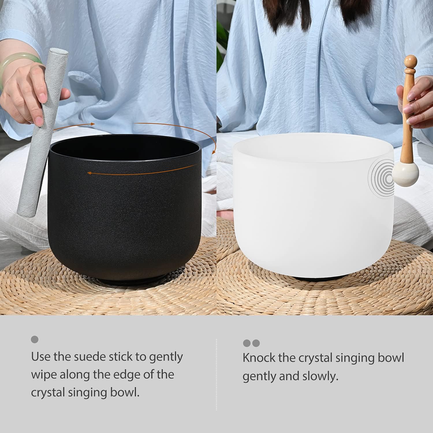 Crystal Singing Bowl Set used in meditation session for energy balance and sound therapy. Ideal for chakra alignment and mindfulness practice.