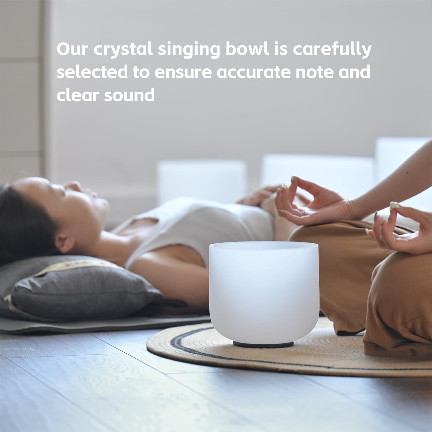 Crystal Singing Bowl Set used in meditation session for energy balance and sound therapy. Ideal for chakra alignment and mindfulness practice.