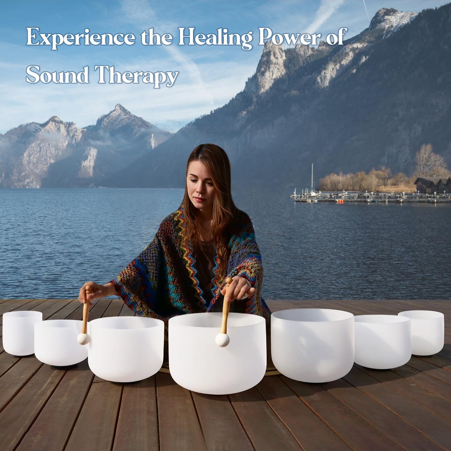 Crystal Singing Bowl Set used in meditation session for energy balance and sound therapy. Ideal for chakra alignment and mindfulness practice.